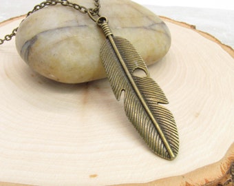 Antique Bronze Feather Pendant Necklace, Nature Jewelry, Bird Feather Pendant, Men's Necklace, Women's Necklace, Antique Bronze Tone Chain
