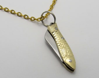 Stainless Steel Mini Fish Pocket Knife Pendant Necklace, Gold color Pocket Knife, Men's Necklace, Gift for Men, Pocket Knife Charm Pendant