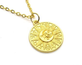Sun and Moon Astrological Signs Pendant Necklace, Zodiac Signs Pendant, Astrology Pendant Necklace, Woman's Necklace, Men's Necklace