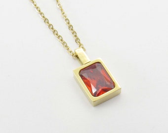 Gold Plated Stainless Steel Red Cubic Zirconia Pendant, Gold Link Chain with Extension, Women's Necklace, Red Gem Charm, Gift for Women