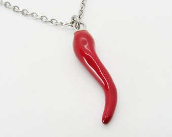 Stainless Steel Red Enamel Pepper Pendant Necklace, Men's Necklace, Red Hot Chili Pepper Pendant, Women's Necklace, 304 Stainless Steel