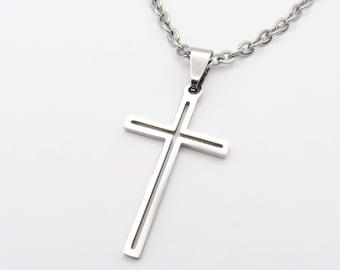 201 Stainless Steel Open Cross Pendant Necklace, Men's Cross Necklace, Steel Cross Pendant, Spiritual Jewelry, Women's Necklace