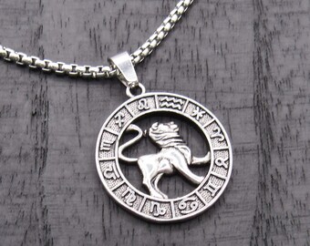 Leo Zodiac Sign Pendant Necklace, Men's Necklace, Leo Lion Astrological Pendant, Men's Jewelry, Stainless Steel Jewelry, Woman's Necklace