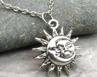 Sun Burst with Crescent Moon Antique Silver Pendant Necklace, Men's Necklace,  Woman's Necklace, Celestial Jewelry, Solstice Necklace