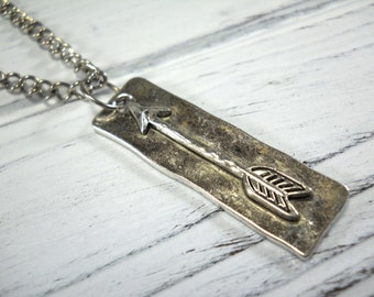 Arrow Rectangle Boho Pendant, Antique Silver Tone, Men's Necklace, Antique Silver Tone Chain, Faux Leather Cord, Suede Leather Cord