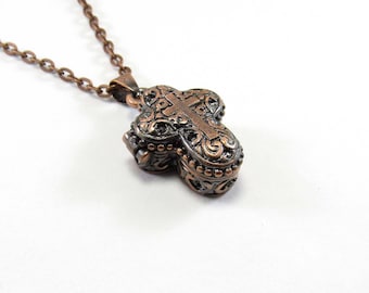Copper Cross Wish Box Necklace, Cross Pill Box Necklace, Stash Box Necklace, Hinged Lid Magnetic Closure, Gift for Women, Women's Necklace