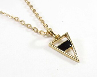 Gold Plated Triangle Black Enamel Pendant, Geometric Design Necklace, Open Triangle Pendant, Men's Necklace, Men's Jewelry, Women's Necklace