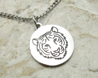 Stainless Steel Etched Tiger Charm Pendant Necklace, Men's Necklace, Hypo Allergenic Jewelry, Woman's Necklace, Tiger Charm Pendant Jewelry