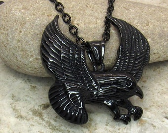 Gunmetal Black Stainless Steel Eagle Pendant, Hypo Allergenic Jewelry, Nature Jewelry, Men's Necklace, Men's Jewelry, Woman Necklace