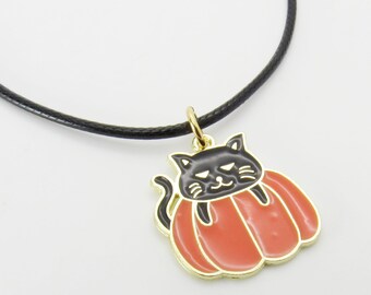 Halloween Pumpkin Cat Charm Pendant Necklace, Halloween Jewelry, Halloween Costume Jewelry, Trick or Treat Charms