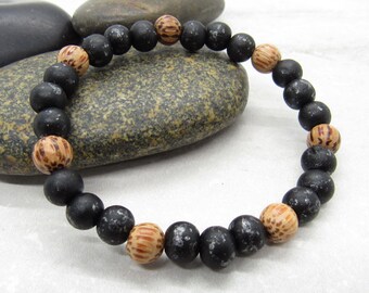 Black Wood and Coco Beads Bracelet, Men's Bracelet, Hinoko Wood Beads Stretch Bracelet, Men's Jewelry, Women's Jewelry, Boho Jewelry