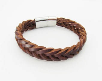 Brown Leather Braided Cord Bracelet, 304 Stainless Steel Magnetic Clasp, Men's Leather Bracelet, Women's Bracelet