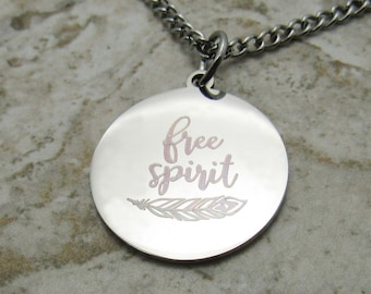 Stainless Steel Etched Free Spirit Feather Pendant Necklace, Men's Necklace, Hypo Allergenic Jewelry, Woman's Necklace, Free Spirit Charm