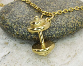 Gold Stainless Steel Dumbbell Pendant, Hypo Allergenic Jewelry, Spiritual Jewelry, Men's Necklace, Men's Jewelry, Woman Necklace
