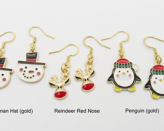 Christmas Earrings, Holiday Jewelry, Hypo Allergenic Ear Hoops, Holiday Fashion Jewelry, Snowman Earrings, Reindeer Red Nose, Penguin