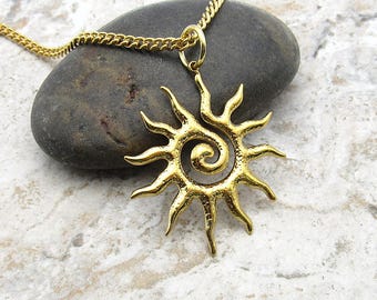 Gold Plated Spiral Sun Pendant, Stainless Steel Sun Pendant, Hypo Allergenic Jewelry, Men's Necklace, Men's Jewelry, Woman's Necklace
