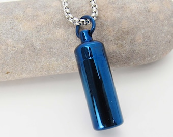 Blue Pill Bottle Necklace, Stainless Steel Pill Locket with screw lid, Cremation Urn Locket, Men's Necklace, Women's Necklace, Stash Locket