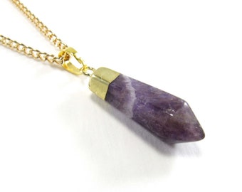 Natural Amethyst Point Pendant with Brass Finding, Men's Necklace, Amethyst Quart Crystal, Healing Crystal Pendant, Women's Necklace