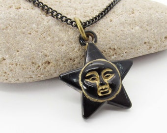 Retro Star Face Charm, Vintage Style Black & Bronze Resin Charm, Men's Necklace, Men's Jewelry, Woman's Necklace, Celestial Star Jewelry