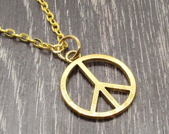 Gold Peace Pendant Necklace, Peace Sign Necklace, Hippie Necklace, Peace Symbol, Peace Sign, Peace Jewelry, Men's Necklace, Women's Necklace