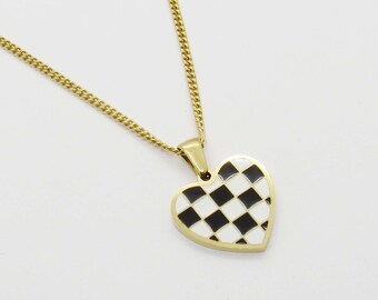 Stainless Steel Gold Plated Heart Checkerboard Charm Pendant, Gold Link Chain with Extension, Women's Necklace, Women's Fashion Jewelry