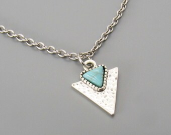 Antique Silver Tone Textured Triangle Blue Turquoise Pendant, Geometric Design Necklace, Men's Necklace, Men's Jewelry, Women's Necklace