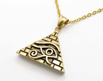 Stainless Steel Gold Plated Pyramid with Eye of Horus Pendant, Hypo Allergenic Jewelry, Men's Necklace, Men's Jewelry, Woman's Necklace