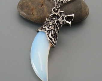 Wolf Head Opal Tooth Pendant Necklace, Wolf Tooth Necklace, Animal Pendant Necklace, Opal Gemstone, Men's Necklace, Women's Necklace