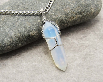 Blue Opalite Crystal Pendant Necklace, Blue Opalite wire wrapped Gemstone Pendant, Healing Gemstone, Woman's Necklace, Men's Necklace