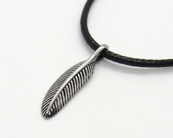 Stainless Steel Feather Pendant, Hypo Allergenic Jewelry, Feather Jewelry, Men's Cord Necklace, Men's Jewelry, Woman Necklace, Boho Jewelry