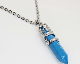 Blue Turquoise Gemstone Pendant, Stainless Steel Dragon Detail, Men's Necklace, Blue Turquoise Necklace, Chakra Healing Gemstone Necklace