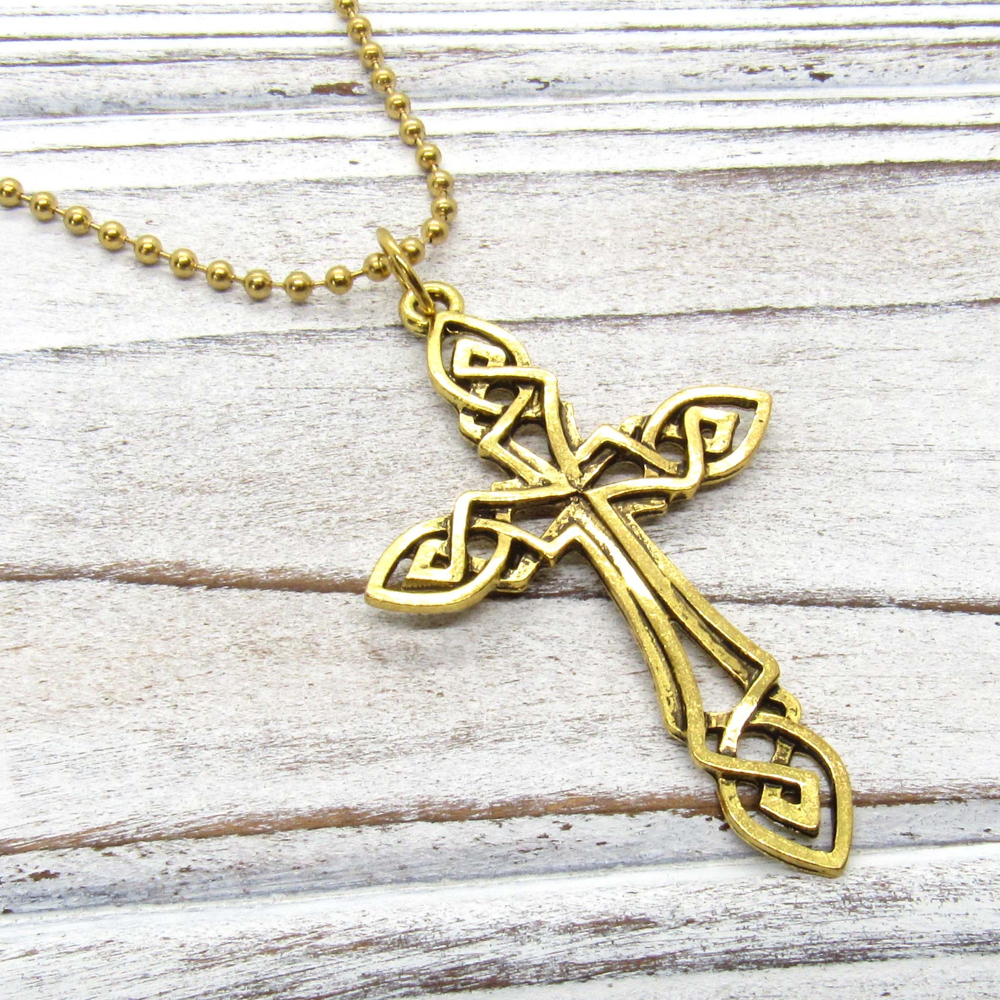 Solid Yellow Gold Trinity Knot Celtic Cross Pendant Necklace