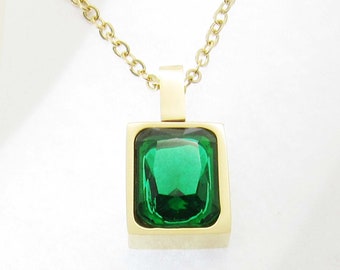 Gold Plated Stainless Steel Green Cubic Zirconia Pendant, Gold Link Chain with Extension, Women's Necklace, Green Gem Charm, Gift for Women