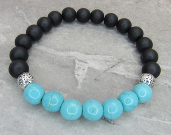 Turquoise Beads Black Gemstone Bracelet, Men's Bracelet, 8mm Beaded Bracelet Silver Beads, Men's Jewelry, Gift for Men, Women's Bracelet
