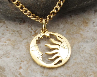 Gold 304 Stainless Steel Sun Moon Celestial Charm Pendant, Hypo Allergenic Jewelry, Men's Necklace, Men's Jewelry, Woman Necklace