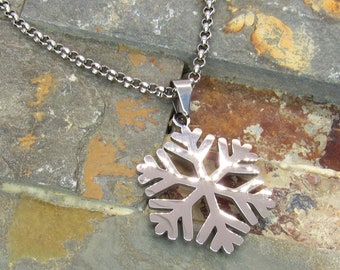 Stainless Steel Snowflake Pendant, Hypo Allergenic Jewelry, Seasonal Pendant Necklace, Men's Necklace, Men's Jewelry, Woman Necklace