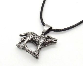 Stainless Steel Howling Wolf Figurine Pendant, Hypo Allergenic Jewelry, Wolf Jewelry, Men's Cord Necklace, Men's Jewelry, Woman Necklace