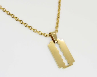 Stainless Steel Small Gold Razor Blade Pendant Necklace, Men's Necklace, Hypo Allergenic Jewelry, Woman's Necklace, Men's Charm Jewelry