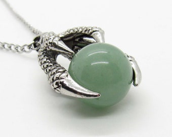 Eagle Claw Pendant with Aventurine Quartz Gemstone, Antique Silver Tone, Men's Necklace, Women's Necklace, Gemstone Pendant, Tribal Jewelry