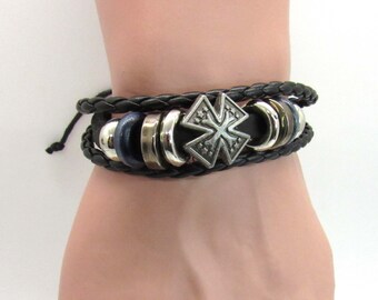 Multi Layer Black Leather Bracelet with Metal beads, Adjustable Leather Bracelet, Men's Bracelet, Women's Bracelet, Boho Hippie Bracelet