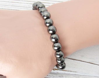 Black Mirror non-metallic Hematite Gemstone Beaded Bracelet, Black Metallic Beads 8mm, Elastic Stretch Cord, Men's Bracelet, Men's Jewelry