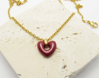 Stainless Steel Gold Tone Necklace Red Heart Charm Pendant, Women's Necklace, Hypo Allergenic Jewelry, Mother's Day Charm Pendant Jewelry