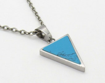 Stainless Steel Triangle, Blue Turquoise Pendant, Hypo Allergenic Stainless Steel Jewelry, Men's Necklace, Men's Jewelry, Woman Necklace