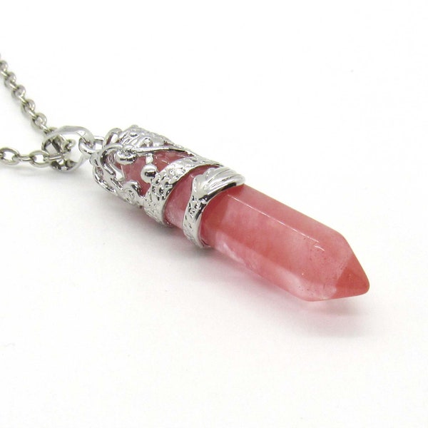 Cherry Quartz Crystal Pendant, Silver Tone Dragon Wrap Detail, Cherry Quartz Pendant, Chakra Healing Crystal, Women's or Men's Necklace,