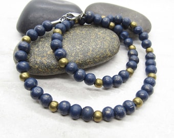 Blue Wood and Bronze Beads Necklace, Men's Necklace, Hinoko Wood with Metal Beads Necklace, Men's Jewelry, Women's Necklace, Boho Necklace