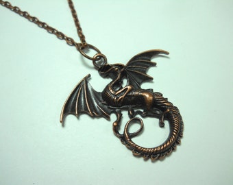 Fire Dragon Pendant, Antique Copper Tone, Men's Necklace, Women's Necklace, Antique Copper Tone Chain, Copper Tone Faux Leather Cord