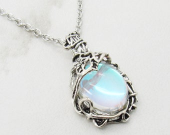 Antique Silver Color Leaf Vine with Opalite Drop Charm, Alloy Chain with Extension, Women's Necklace, Gift for Women, Boho  Pendant Necklace