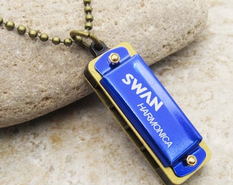 Mini Vintage Style Blue Harmonica Necklace, 4 Hole 8 Note, Retro Mini Harmonica, Men's Necklace, Music Lover Charm, Women's Necklace