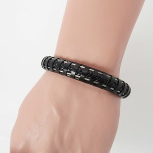 Black with Wire Cable Braided Leather Cord Bracelet, Black 304 Stainless Steel Magnetic Clasp, Men&#39;s Leather Bracelet, Women&#39;s Bracelet