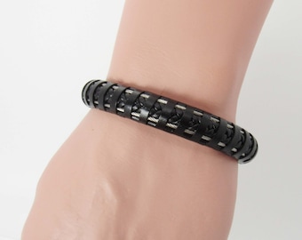 Black with Wire Cable Braided Leather Cord Bracelet, Black 304 Stainless Steel Magnetic Clasp, Men's Leather Bracelet, Women's Bracelet